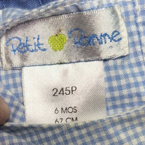 Petit Pomme blue gingham Jon Jon with lion appliqué sz 6 months smoke free home - Picture 3 of 4